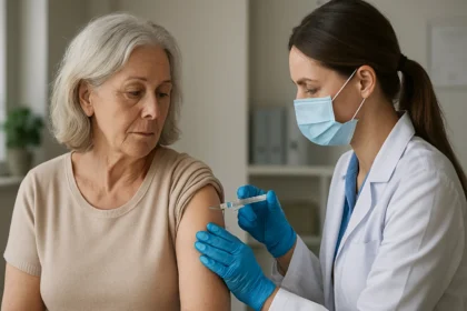 Staršia žena dostáva očkovanie proti chrípke v zdravotníckom zariadení.