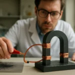 Vedec skúma magnetický účinok prúdu v laboratóriu.