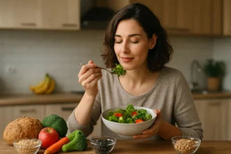 Žena vychutnáva zdravý šalát bohatý na vlákninu.