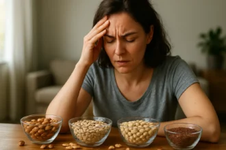 Žena trpiacá bolesťou hlavy vedľa mís s olejnatými semenami.