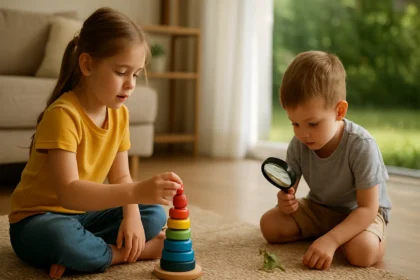 Deti hrajú vývojové hry pre rozvoj motoriky a kreativity.