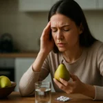 Žena drži hrušku a trpí bolesťou hlavy v kuchyni.