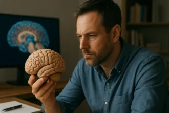 Muž skúma model ľudského mozgu a premýšľa o jeho fungovaní.