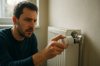 Muž nastavuje rúrkový termostat na vykurovaní v domácnosti.