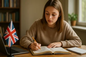 Mladá žena sa učí angličtinu s poznámkovým blokom a laptopom.