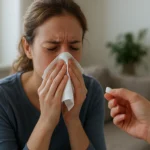 Žena s alergiami, smrká a dostáva liek cetirizín.