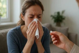 Žena s alergiami, smrká a dostáva liek cetirizín.