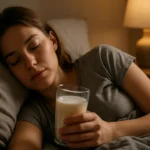 Žena so pohárom teplého mlieka pred spaním