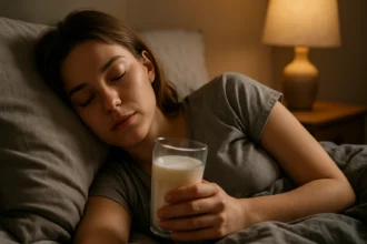 Žena so pohárom teplého mlieka pred spaním