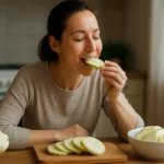 Žena si vychutnáva plátky patizónu v kuchyni