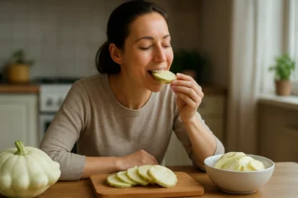 Žena si vychutnáva plátky patizónu v kuchyni