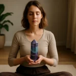 Žena meditujúca s fluoritovým kryštálom pre vnútornú rovnováhu.