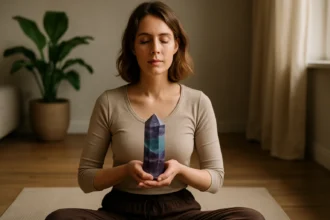 Žena meditujúca s fluoritovým kryštálom pre vnútornú rovnováhu.