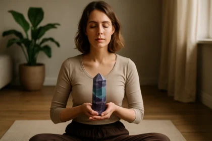 Žena meditujúca s fluoritovým kryštálom pre vnútornú rovnováhu.
