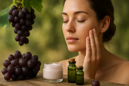 Žena s pleťovou starostlivosťou s výťažkom z hrozna.