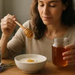 Žena používajúca levanduľový med v kuchyni.