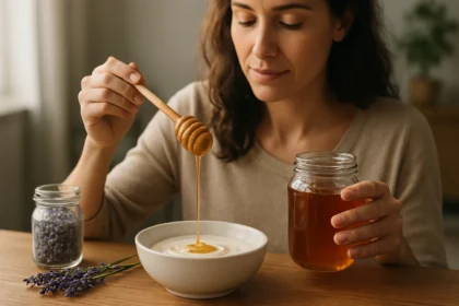 Žena používajúca levanduľový med v kuchyni.