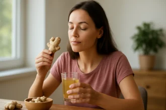 Žena si vychutnáva zázvorový koreň s pohárom zázvorového čaju.