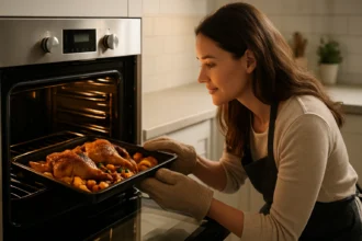 Žena v kuchyni vyberá z halogénovej rúry prvotriedne jedlo.