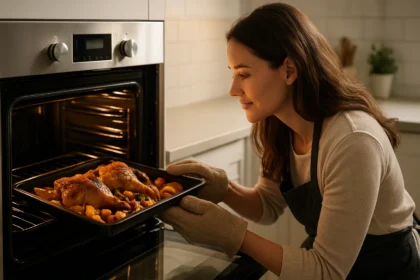 Žena v kuchyni vyberá z halogénovej rúry prvotriedne jedlo.