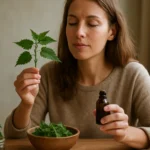 Žena skúma hnojník obyčajný a prírodný olej v domácnosti.