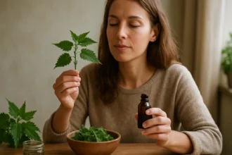 Žena skúma hnojník obyčajný a prírodný olej v domácnosti.