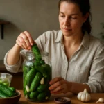 Žena pripravuje kvasené uhorky v sklenenej nádobe s cesnakom.