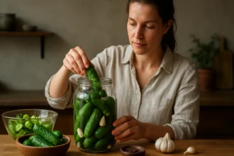 Žena pripravuje kvasené uhorky v sklenenej nádobe s cesnakom.