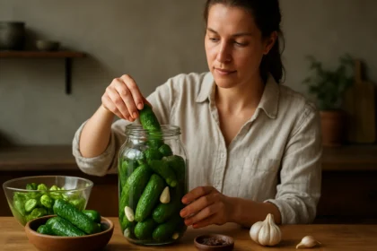 Žena pripravuje kvasené uhorky v sklenenej nádobe s cesnakom.