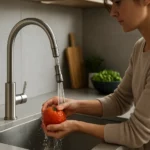 Žena umýva rajčinami pod moderným kuchynským kohútikom.