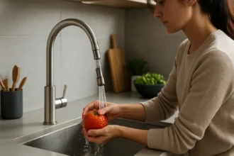 Žena umýva rajčinami pod moderným kuchynským kohútikom.