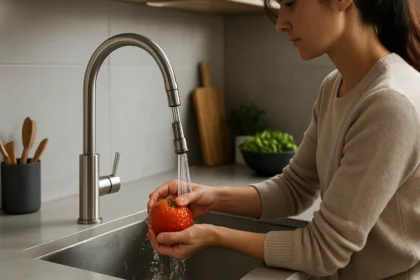 Žena umýva rajčinami pod moderným kuchynským kohútikom.