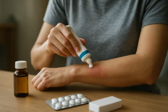 A person applying topical medication to relieve inflammation on their arm.