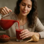 Žena nalieva smoothie z goji bobúľ a maca koreňa do pohára