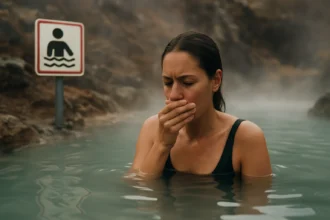 Žena vo termálnej vode s obavami o bezpečnosť kúpania.
