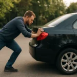 Muž tlačí čierne auto, ilustrujúce koncept zotrvačnosti v pohybe.