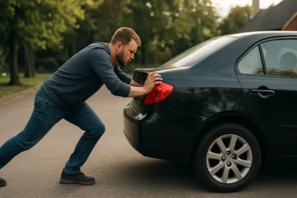 Muž tlačí čierne auto, ilustrujúce koncept zotrvačnosti v pohybe.