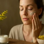 Žena nanáša pleťovú masku s kvetmi akácie na tvár