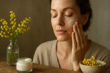 Žena nanáša pleťovú masku s kvetmi akácie na tvár