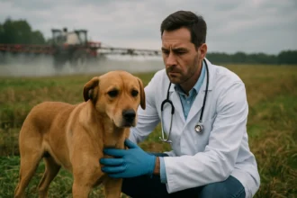 Veterinár starajúci sa o psa na poli ohrozenom herbicídmi.