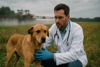 Veterinár starajúci sa o psa na poli ohrozenom herbicídmi.