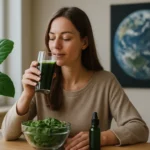 Žena pije zelený nápoj z chlorofylu vedľa misiek so špenátom.