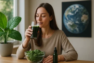 Žena pije zelený nápoj z chlorofylu vedľa misiek so špenátom.