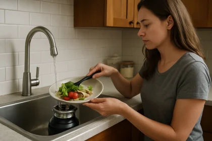 Žena v kuchyni vkladá zvyšky jedla do drviča odpadu.
