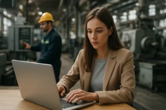 Žena pracujúca na laptop v priemyselnom prostredí.