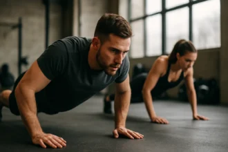 Muži a ženy cvičiaci kliky na fitness podlahe.