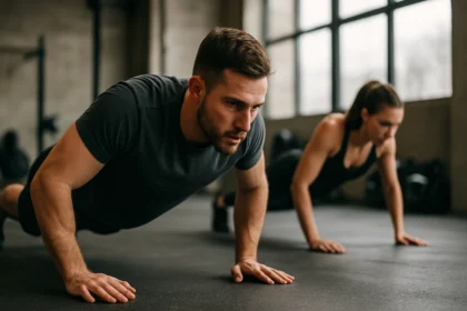 Muži a ženy cvičiaci kliky na fitness podlahe.