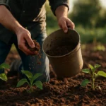 Záhradník pridáva kurací hnoj k rastlinám v pôde.