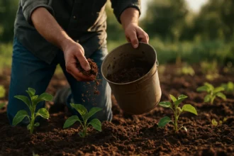 Záhradník pridáva kurací hnoj k rastlinám v pôde.