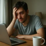 Unavený muž pri počítači, trpiaci nedostatkom spánku.